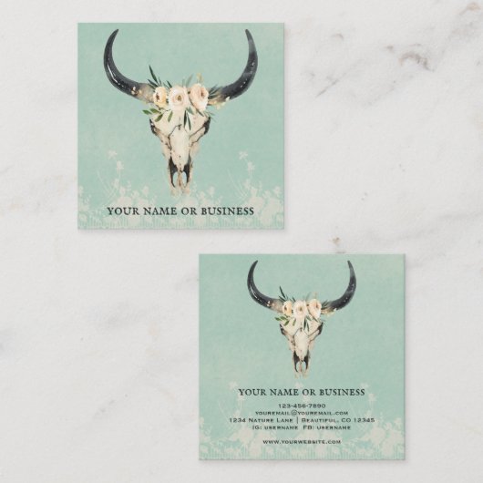Carte De Visite Carré Boho Floral Vache Crâne sur Turquoise (Devant / Derrière)
