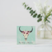 Carte De Visite Carré Boho Floral Vache Crâne sur Turquoise (Debout devant)