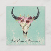Carte De Visite Carré Boho Floral Vache Crâne sur Turquoise (Devant)