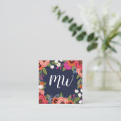 Carte De Visite Carré Boho Florals - Marine Blue & Coral - Monogramme (Debout devant)