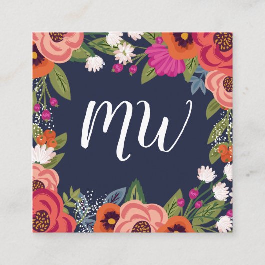 Carte De Visite Carré Boho Florals - Marine Blue & Coral - Monogramme (Devant)