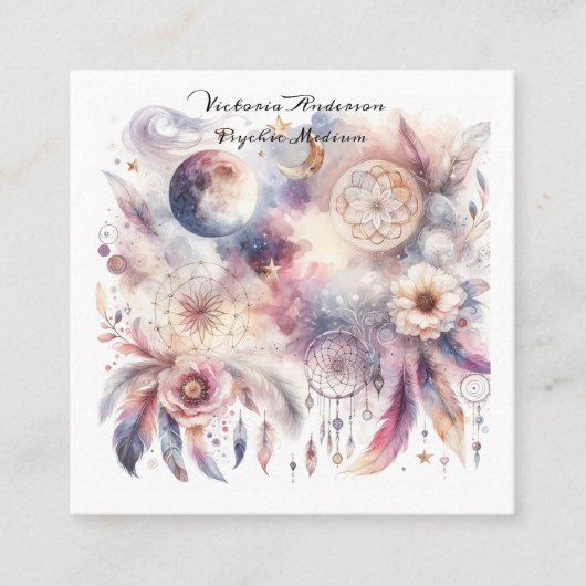 Carte De Visite Carré Boho Purple Dreamcatcher Logo de lecture psychique (Devant)