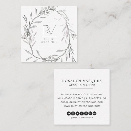 Carte De Visite Carré Boho Rustique Croché Floral Wreath Monogramme (Devant / Derrière)