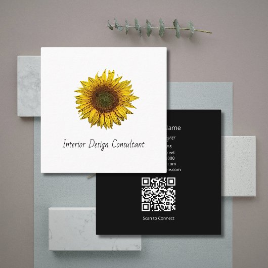 Carte De Visite Carré Boho Sunflower QR code Interior Designer 