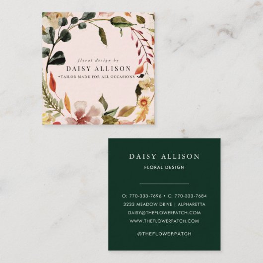 Carte De Visite Carré Boho Watercolor Flores d'automne (Devant / Derrière)