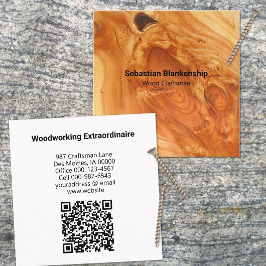 Carte De Visite Carré Bois d'artisanat Finish Wood Texture QR Code