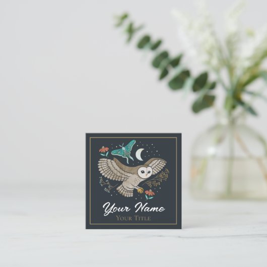 Carte De Visite Carré Bois Night Barn Owl & Luna Moth (Debout devant)