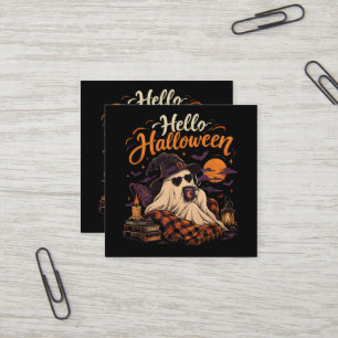 Carte De Visite Carré Bonjour Halloween Gentil Fantôme Buvant du Café