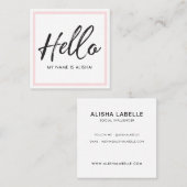 Carte De Visite Carré Bonjour Introduction Brosse Script & Cadre Rose (Devant / Derrière)