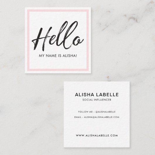 Carte De Visite Carré Bonjour Introduction Brosse Script & Cadre Rose (Devant / Derrière)