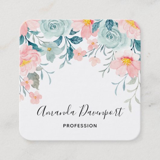 Carte De Visite Carré Bordure florale rose et vert élégant (Devant)