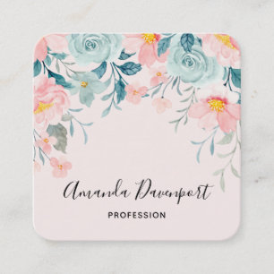 Carte De Visite Carré Bordure florale rose et vert élégant