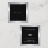 Carte De Visite Carré Bordure moderne en argent sur noir (Devant / Derrière)