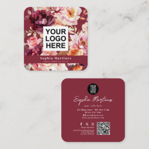 Carte De Visite Carré Bouquet aquarelle floral bordeaux & logo code QR 