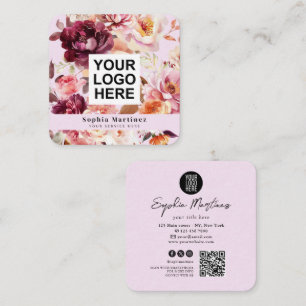 Carte De Visite Carré Bouquet aquarelle floral bordeaux & logo QR Code 