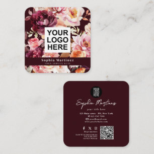 Carte De Visite Carré Bouquet floral aquarelle bordeaux & logo QR Code 
