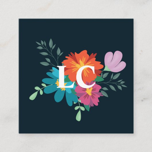 Carte De Visite Carré Bouquet floral Boho Monogramme bleu (Devant)
