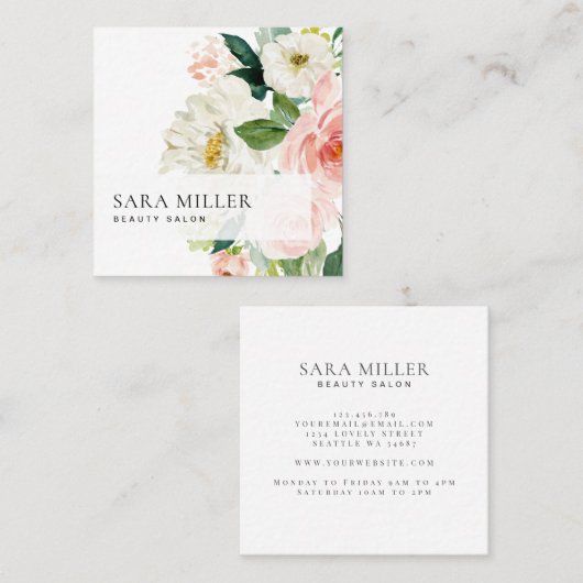 Carte De Visite Carré Bouquet floral rose et blanc (Devant / Derrière)