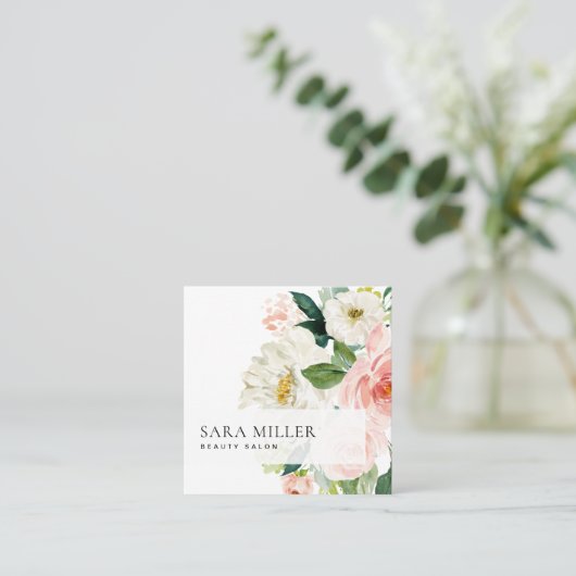 Carte De Visite Carré Bouquet floral rose et blanc (Debout devant)