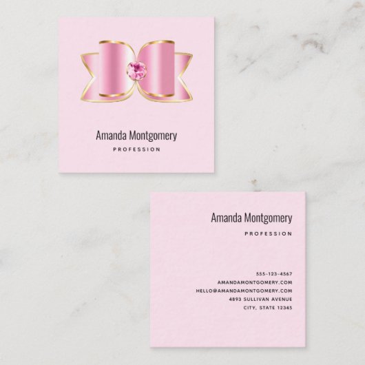 Carte De Visite Carré Bow en verre rose avec pierre centrale (Devant / Derrière)