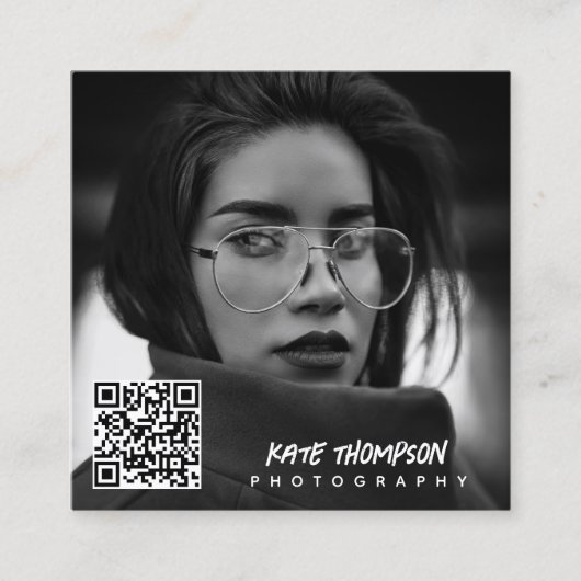 Carte De Visite Carré Brochure moderne Script Photo QR Code Médias socia (Devant)