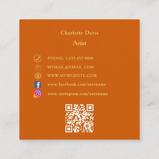 Carte De Visite Carré Brûlé orange photo code QR médias sociaux (Dos)
