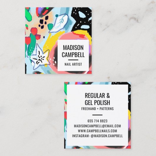 Carte De Visite Carré Brushstrokes art ongles salon d'artiste abstrait f (Devant / Derrière)