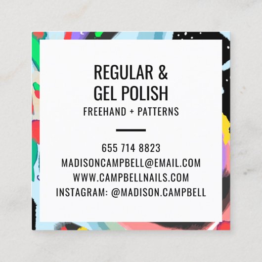 Carte De Visite Carré Brushstrokes art ongles salon d'artiste abstrait f (Dos)