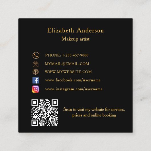 Carte De Visite Carré Butterfly noir or code QR élégant script (Dos)