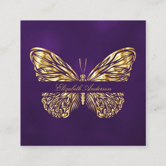 Carte De Visite Carré Butterfly violet or QR code élégant script (Devant)