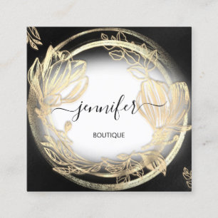 Carte De Visite Carré Cadre Floral Or Logo QRCode Noir Blanc