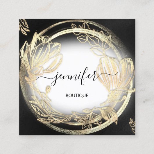 Carte De Visite Carré Cadre Floral Or Logo QRCode Noir Blanc (Devant)