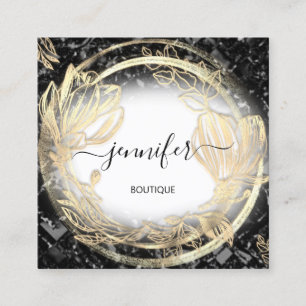 Carte De Visite Carré Cadre Floral Or QRCode Logo Abstarct noir