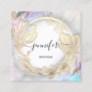 Carte De Visite Carré Cadre floral QR Code Logo Gold Grey Abstrait