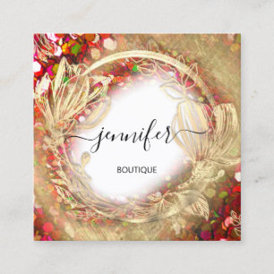 Carte De Visite Carré Cadre Floral QR Code Logo Gold Red Confetti