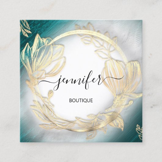 Carte De Visite Carré Cadre floral QR Code Logo Gold Turquoise Grey (Devant)