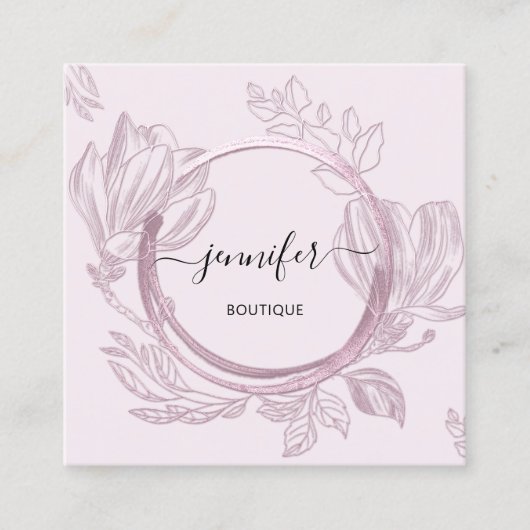 Carte De Visite Carré Cadre Floral QR Code Logo Jardin Rose rose (Devant)