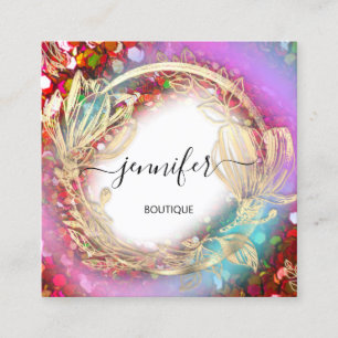 Carte De Visite Carré Cadre floral QR Code Logo Or rose Confetti Rouge