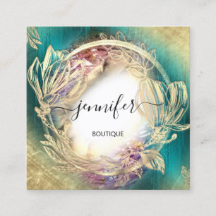 Carte De Visite Carré Cadre Floral QR Code Logo Or Turquoise Vert Carré 