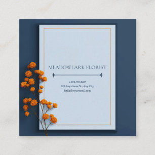 Carte De Visite Carré Cadre minimaliste bleu marine fleur d'oranger doré