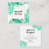 Carte De Visite Carré Cadre or chic aquarelle tropicale verte feuilles (Devant / Derrière)