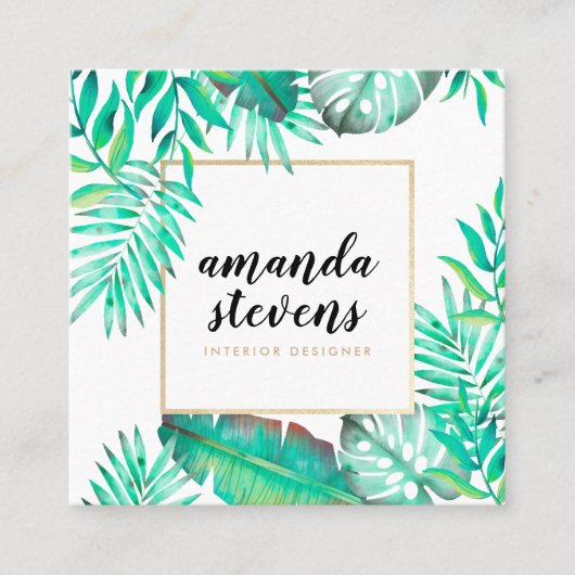 Carte De Visite Carré Cadre or chic aquarelle tropicale verte feuilles (Devant)