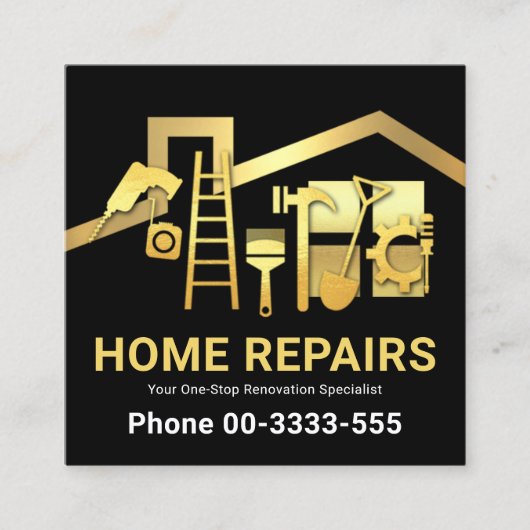 Carte De Visite Carré Cadres de toit doré Outils de main d'or (Devant)