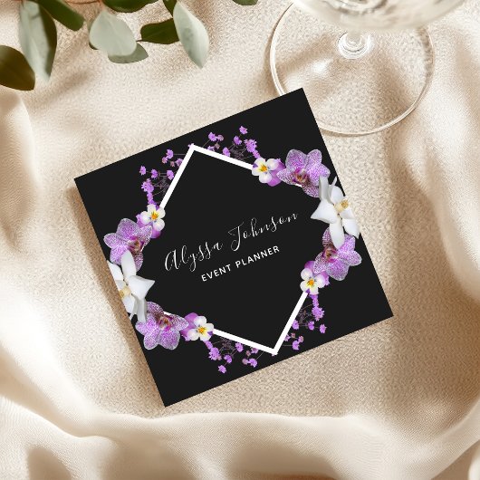 Carte De Visite Carré Cadres d'orchidées blanches et violettes Planifica