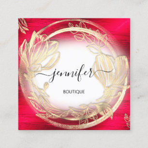 Carte De Visite Carré Cadres Floral Rouge Blanc Or QRCode Logo