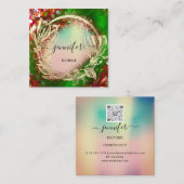 Carte De Visite Carré Cadres floraux QR Code Logo Or Rouge Holographique (Devant / Derrière)