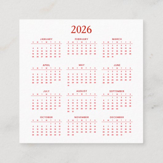 Carte De Visite Carré Calendrier Nouvel An 2026 (Dos)