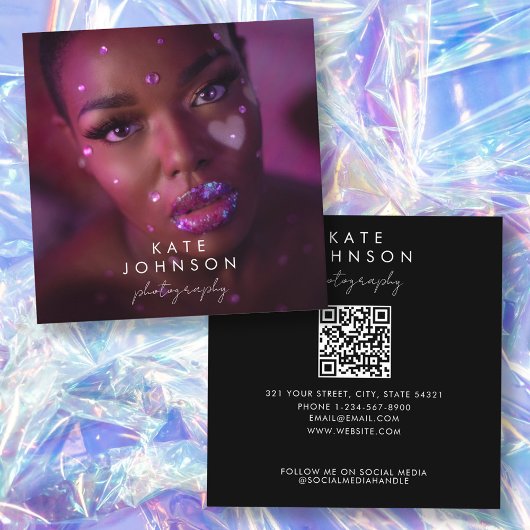 Carte De Visite Carré Calligraphie de script QR Code photo intégrale ten