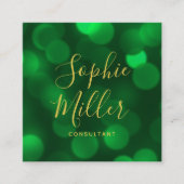Carte De Visite Carré Calligraphie moderne Emerald Green Bokeh Lumières (Devant)