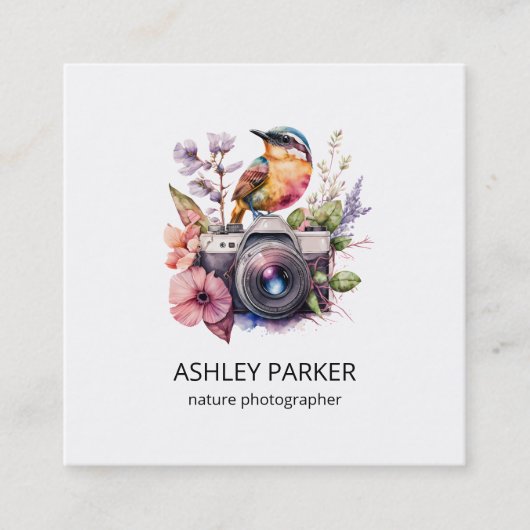 Carte De Visite Carré Caméra d'oiseaux et fleurs (Devant)